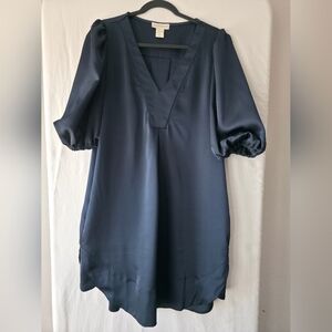 Cynthia Rowley Navy Blue Satin Puff Sleeve V-Neck Shift Dress Size XL